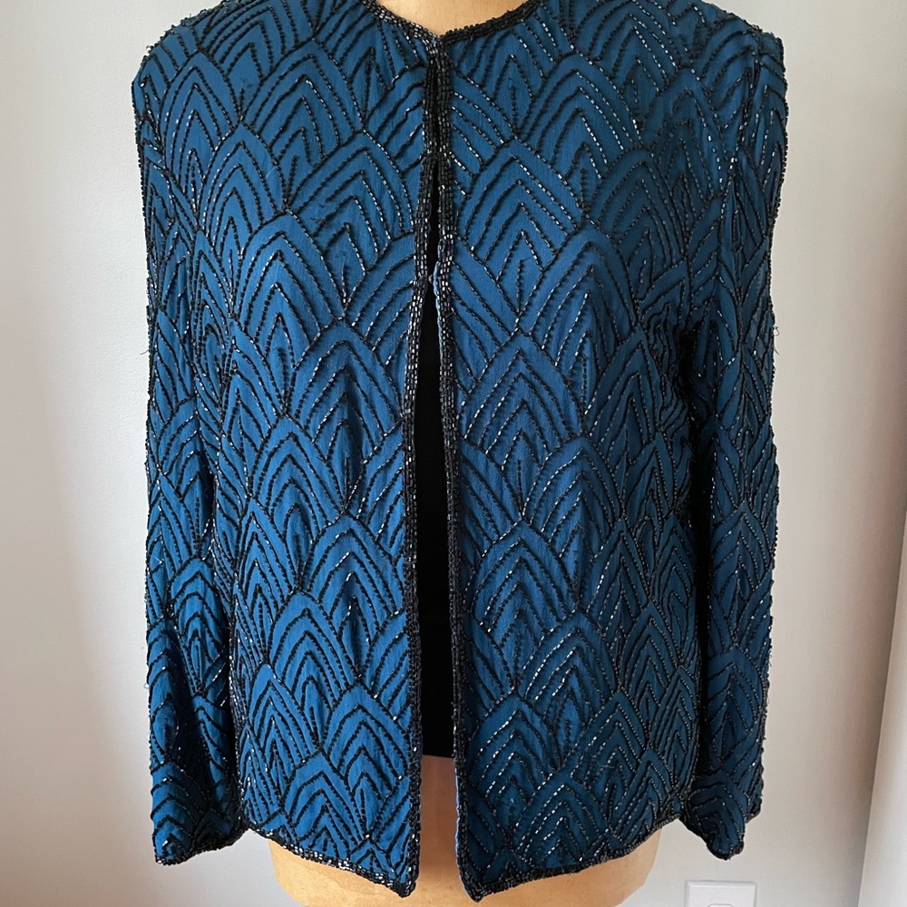 Vintage Elegance.  Classic AJ Bari beaded silk jacket, dark blue.  Cocktails! M